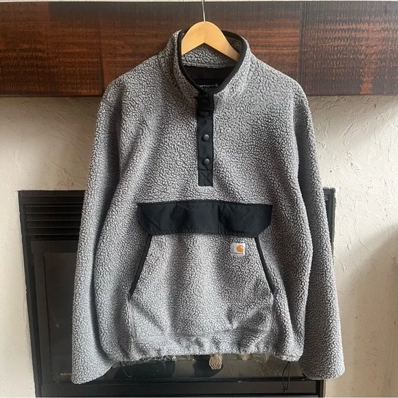 Carhartt Sherpa Fleece Quarter Snap Pullover Oversized Workwear Jacket Size L - Picture 3 of 8